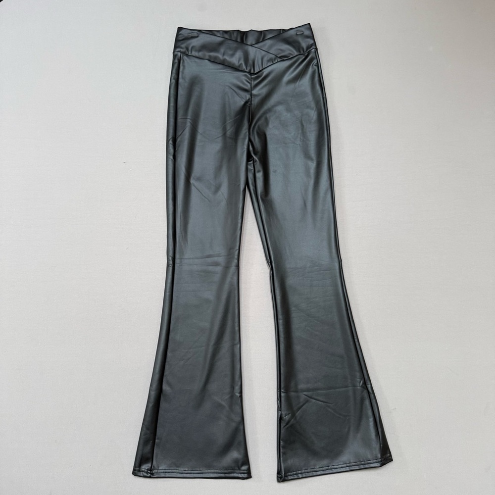 Black stretchy flared Faux Leather Pants, M.